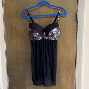 Adore Me Black and Pink Chemise with Floral Lace
